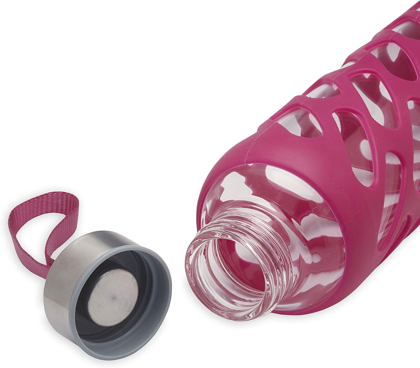HYDRO GlassGuard. Elegant BPA-free glass bottle with protection and convenient lid.